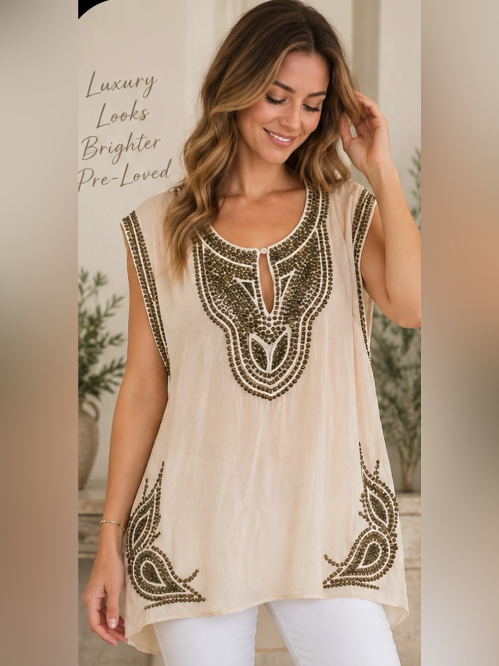 Calypso St. Barth 100% Silk Beaded Tunic Size L Ivory Gold Resort Boho